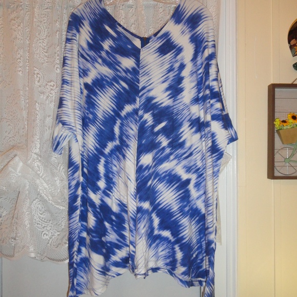 2X/3X Blue White T-Shirt Top Zipper Back - Picture 2 of 8